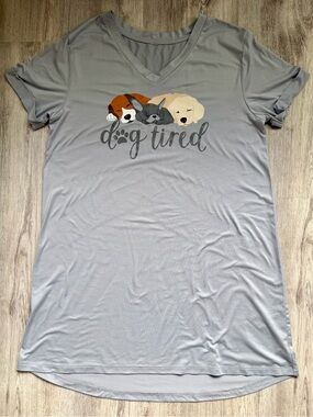 Dog Tired - V-Neck Long Sleeve / Sleep T-Shirt w/ Dog & Paw Logo in Gray - Small